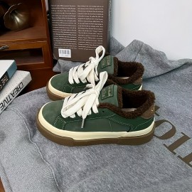 Women'S Fleece-Lined Warm Flat Skate Shoes, Lace-Up Snow Sports Shoes, Retro Minimalist Design, Low-Top Round Toe, Comfortable And Warm, Suitable for Daily Casual Wear in Autumn And Winter, Outdoor Hiking.