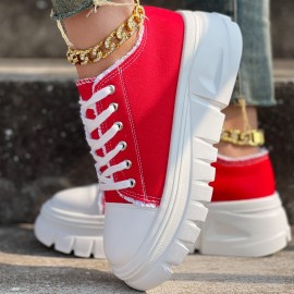 Round-Toed Thick-Soled Platform Shoes Paired with Lace-Up Solid Color Casual Sneakers