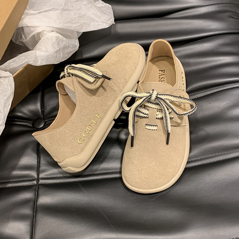 New Retro Niche Women'S Shoes with Lace-Up Round Toes, Stylish And Versatile, Simple Flat Casual Loafers.