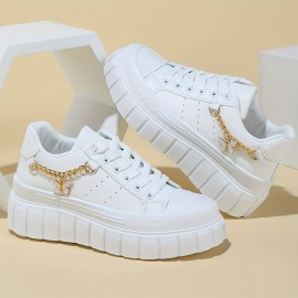 Women'S All-Season Casual Sneakers with Butterfly Design - White Lace-Up, Thick Sole, Lightweight, All-Purpose Running Shoes, Casual Footwear | Butterfly Print Shoes | Comfortable Footwear