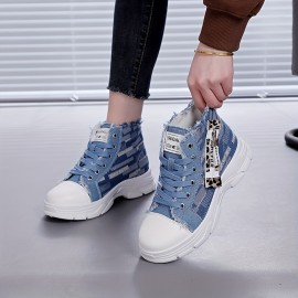 [Distressed High-Top Sneakers] Distressed High-Top Sneakers for Women | Fashion Casual Style, Thick Sole, Lace-Up Closure, All-Season Wear - Blue Jean Styl