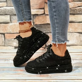 Women'S Sparkling Rhinestone Low-Top Sneakers - Comfortable & Durable Casual Shoes with Lace-Up Closure, Round Toe, and Rubber Sole for All-Day Wear, Ladies Sneakers