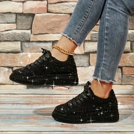 Women'S Sparkling Rhinestone Low-Top Sneakers - Comfortable & Durable Casual Shoes with Lace-Up Closure, Round Toe, and Rubber Sole for All-Day Wear, Ladies Sneakers