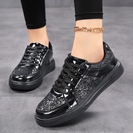 Women'S Glitter Golden Low-Top Sneakers - Lace-Up Casual Shoes with Sequin Detailing, PU Upper & EVA Sole, All-Season Comfort for Running, Travel & Daily Wear, Ladies Sneakers, Stylish Laceups, Durable Comfort