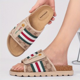 Men'S Comfortable Casual Beach Slippers, Breathable Striped Print with Brand Decorative Buttons and Embroidery, Flat Shoes High-Quality Casual Footwear, Suitable for Use in 11 Festivals