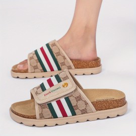 Men'S Comfortable Casual Beach Slippers, Breathable Striped Print with Brand Decorative Buttons and Embroidery, Flat Shoes High-Quality Casual Footwear, Suitable for Use in 11 Festivals