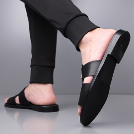 LL25222 Men's Stylish Black Slip-On Sandals - Super Fiber Synthetic, Round Toe, Rubber Sole, Summer Casual Comfort for Casual Attire