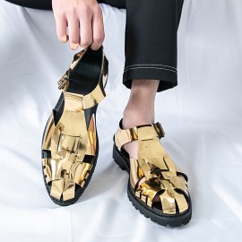 [Golden Dress Sandals] Metallic Golden Men's Business Casual Open-Toe Sandals | Adjustable Buckle Straps, Slip-On Synthetic Dress Shoes for Office, Semi-Formal & Streetwear - Breathable Rubber Sole, Summer Spring Formal Footwear