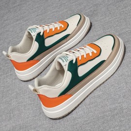 Men'S Summer Trendy Low-Top Sneakers - Casual & Street Style, Thick Sole, White & Orange Color Scheme, Synthetic Upper, Lace-Up Design for Casual Attire, Casual Footwear | Trendy Lowtops | Synthetic Sneakers