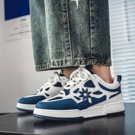 [Trendy Sneakers] Stylish Black & Yellow Men's Fashion Floral Contrast Sneakers | Low-Top Skate Shoes with Thick Lace-Up, Comfortable Rubber Sole for Casual and Outdoor Wear