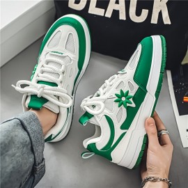 [Trendy Sneakers] Stylish Black & Yellow Men's Fashion Floral Contrast Sneakers | Low-Top Skate Shoes with Thick Lace-Up, Comfortable Rubber Sole for Casual and Outdoor Wear