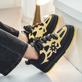[Trendy Sneakers] Stylish Black & Yellow Men's Fashion Floral Contrast Sneakers | Low-Top Skate Shoes with Thick Lace-Up, Comfortable Rubber Sole for Casual and Outdoor Wear