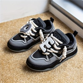 Out of the Box Trend! Large Letter Decorative Rope Shoelaces Street Fashion Men's Shoes Thick Sole Height-Boosting Sneakers for Boys