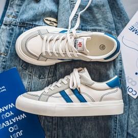 Men'S Summer Low-Top Casual Sneakers - White & Navy Blue Striped Design, Breathable Fabric Lining, Durable Faux Sole, Lace-Up Round Toe for Casual Attire, Streetwear Shoes | Stylish Stripes | Comfortable Fit