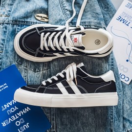 Men'S Summer Low-Top Casual Sneakers - White & Navy Blue Striped Design, Breathable Fabric Lining, Durable Faux Sole, Lace-Up Round Toe for Casual Attire, Streetwear Shoes | Stylish Stripes | Comfortable Fit