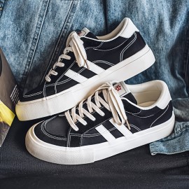 Men'S Summer Low-Top Casual Sneakers - White & Navy Blue Striped Design, Breathable Fabric Lining, Durable Faux Sole, Lace-Up Round Toe for Casual Attire, Streetwear Shoes | Stylish Stripes | Comfortable Fit