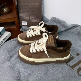 Women'S Fleece-Lined Warm Flat Skate Shoes, Lace-Up Snow Sports Shoes, Retro Minimalist Design, Low-Top Round Toe, Comfortable And Warm, Suitable for Daily Casual Wear in Autumn And Winter, Outdoor Hiking.