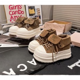 Women'S Chunky Platform Sneakers with Thick Platform Heel - Chunky Sole High-Top Round Toe PU Cover Upper, & Brown Retro Chunky Heel, Cushioned Insole & Arch Support, All-Season Casual Shoes for Casual Attire, Versatile Two-Way Wear (Flip-Flop Style