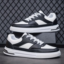 Men's Classic Low-Top Casual Sneakers - Black & White, Striped Design, Durable PU Material with Non-Slip Rubber Sole, Lace-Up Closure for Casual Attire, Street Style, and Outdoor Activities, Spring Summer, Simple Board Shoes
