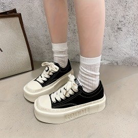 Women'S Chunky Platform Shoes - Low-Top Lace-Up Shoes with Cushioned Insole, Non-Slip Rubber Sole - Beige/White/Black/ - Everyday & Formal Outfits