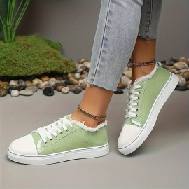 Women's Breathable Mesh Sports Casual Shoes - Lightweight Flat Rubber/Fabric Upper & Inner Lining, All-Season White & Green Lace Design, Round Toe Comfort, Japanese-Korean Inspired Style, Ladies Sneakers, Comfortable Daily Wear, Fashion Sportswear, Durable Traction Sole, Lifestyle, Minimalist Style, Rubber Outsole, Athletic Footwear, Fitness Enthusiasts