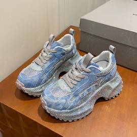 Women's Rhinestone-Encrusted -Style Chunky Platform Sneakers - Height-Increasing Thick-Soled Rhinestone-Toe & Heel, Round-Toe Casual s (Purple) | All-Season /PVC/Rubber for Parties, Prom, Casual Attire - No-Washable