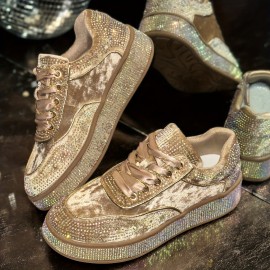 Women'S Glittery Rhinestone-Embellished Chunky Platform Sneakers - Black & White Low-Top Lace-Up Shoes with Round Toe, All-Season Comfort for Casual & Outdoor Wear, Ladies Sneakers, Shoe/sneaker For Women/lady, Basket For Women