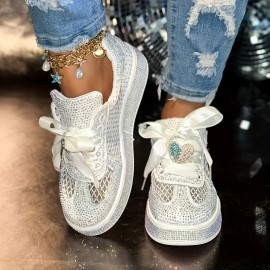 Women's Lace-up Sneakers with Rhinestone Embellishments, Low Top Breathable Walking Shoes Rubber Soft-Sole, Wide Fit Sneakers for Women, Sport Shoes for Women High Quality, Embellished Sneakers, Extra Wide Width Shoes for Women, Sparkly Shoes for Women, Casual Footwear, Everyday Sneakers, Stylish Sneakers, Trendy Footwear, Highquality Construction, Durable Rubber Sole, Women's Sneakers, Women's Fashion, Wide Feet Shoes