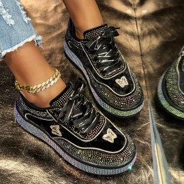 Women'S Glittery Low-Top Sneakers - All-Season Lace-Up Shoes with Sparkling Accents, Breathable Fabric Upper & Durable Rubber Sole for Casual Outdoor Wear, Ladies Sneakers