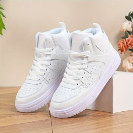 Women's White High-Top Sneakers - Glossy Synthetic Cover Upper, Arch Support & Cushioned EVA Sole, All-Season Round-Toe Lace-Up Ankle Boots for Casual, Office, Casual Attire - Comfortable & Versatile White Sneakers with White Laces, Minimalist White Design, All-Season Versatile Style, Ideal for Urban Commuting & Christmas Gifts (Hand Washable), Casual Footwear, Sleek Design, Breathable Fabric Lining, Durable Construction, Gift Shoppers, Office Professionals