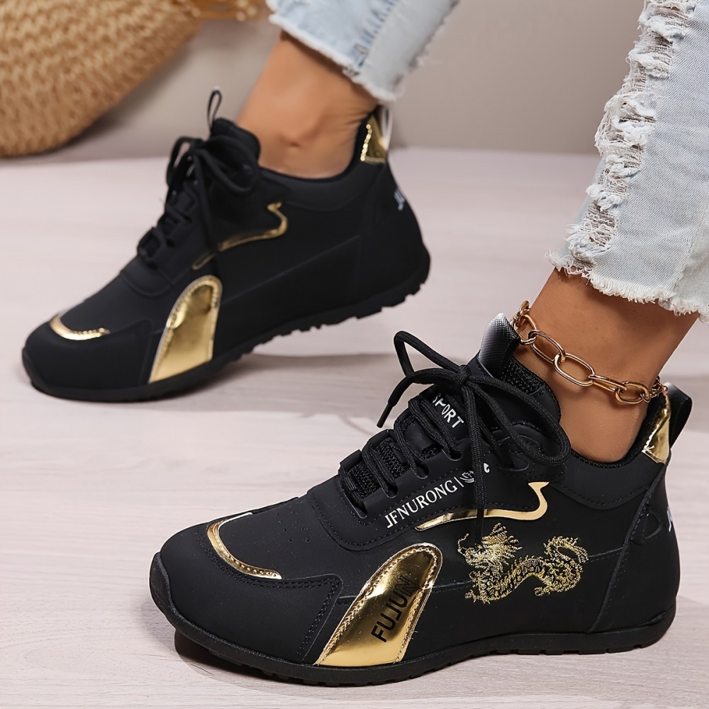 Women'S Comfortable Casual Sneakers - Stylish Black & Golden Dragon Design, Breathable Fabric & Synthetic Upper, Durable Rubber Sole, Lace-Up Low-Top Running Shoes for All-Season Wear, Ladies Sneakers