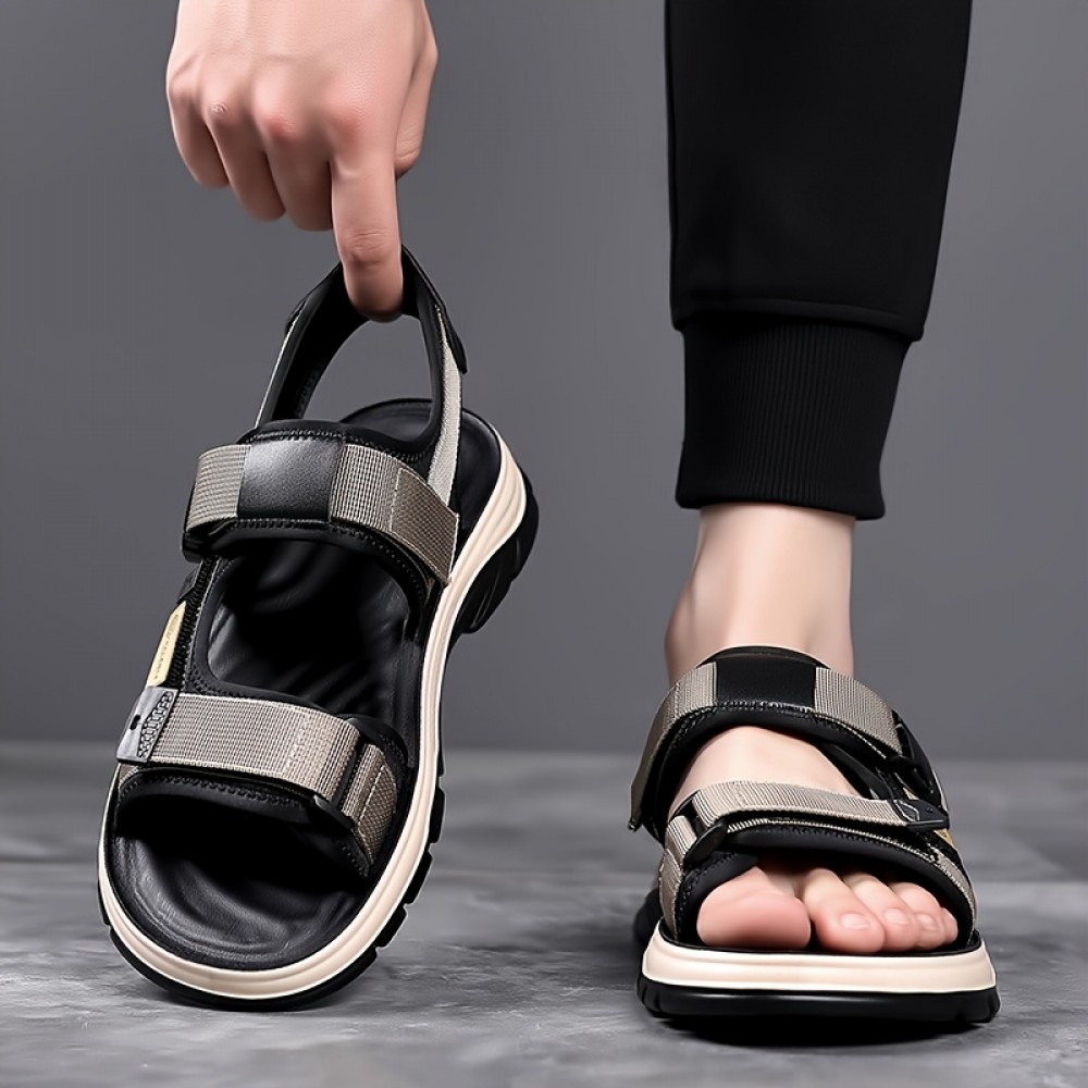 Men'S Lightweight Non-Slip Casual Sandals - Breathable Microfiber with Adjustable Straps, Black & Green Two-Way Slides for Beach, Outdoor, and Everyday Wear, Strappy Sandals