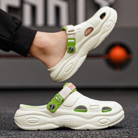 Men's Summer Slip-On Sandals with EVA Sole - Comfortable Beach Shoes for Driving & Casual Wear, White with Green Accents, Breathable Design, Easy On/Off, Durable & Stylish, Summer Sandals