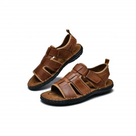 Men'S Genuine Leather Sandals - Classic Open-Toe Summer Beach Shoes with Adjustable Hook & Loop Strap, Non-Slip PVC Sole for Casual, Water Sports & Daily Wear, Strappy Sandals