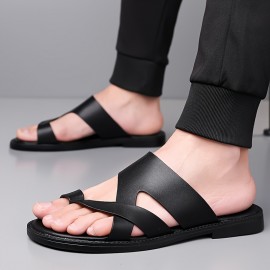 [Summer Sandals] Lightweight & Comfortable Men's Casual Summer Sandals - Black Synthetic Slip-On Flat Shoes with Cross Straps