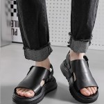 [Breathable Summer Sandals] Breathable Men's Summer Slip-On Beach Sandals | Anti-Slip Thick Rubber Sole, PU Upper for Outdoor Hiking, Casual Wear & Vacation | Black