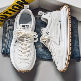 Men's Summer Casual Sneakers - Breathable Low-Top Lace-Up Shoes with Thick Cushioned Sole, White & Navy Blue Letter Print Design, PU/Fabric Upper & Outsole for Outdoor, Daily Wear & Street Style, Outdoor Sneakers, Fabric Lined Interior, Minimalist Design, Durable Construction, Active Lifestyle