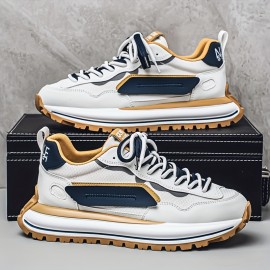 Men's Summer Casual Sneakers - Breathable Low-Top Lace-Up Shoes with Thick Cushioned Sole, White & Navy Blue Letter Print Design, PU/Fabric Upper & Outsole for Outdoor, Daily Wear & Street Style, Outdoor Sneakers, Fabric Lined Interior, Minimalist Design, Durable Construction, Active Lifestyle