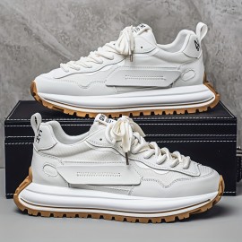 Men's Summer Casual Sneakers - Breathable Low-Top Lace-Up Shoes with Thick Cushioned Sole, White & Navy Blue Letter Print Design, PU/Fabric Upper & Outsole for Outdoor, Daily Wear & Street Style, Outdoor Sneakers, Fabric Lined Interior, Minimalist Design, Durable Construction, Active Lifestyle